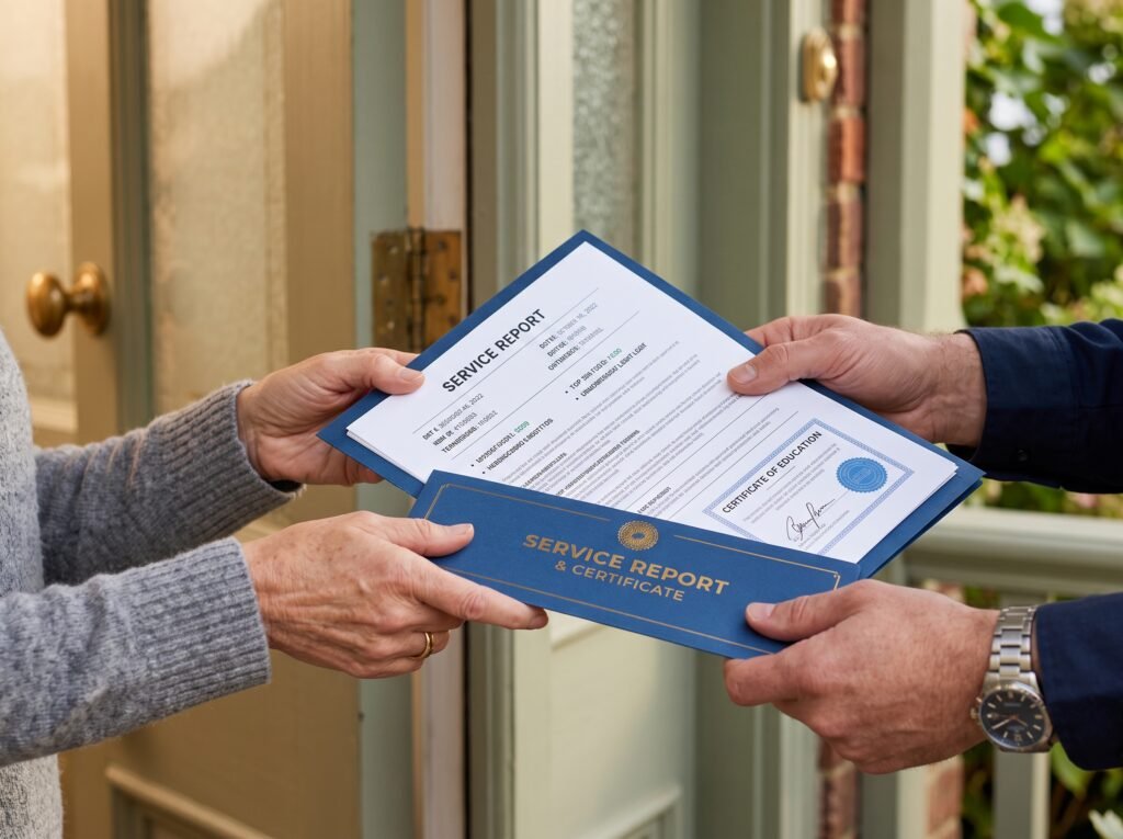 Close-up of a technician’s hands handing over a printed service report and certificate to a homeowner at their front door. 50mm lens, f/2.8, soft warm daylight, shallow depth of field on the paperwork, 4:3 aspect ratio. Mood: reassuring, professional, complete.